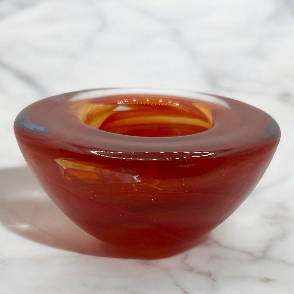 Kosta Boda Anna Ehrner Tealight Holder Red Amber Swirl Art Glass Scandinavian